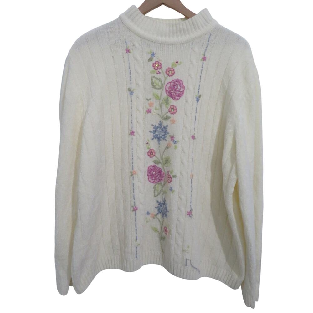 Alfred Dunner Women Sz 2X Cream Floral Vine Mock Neck Velour Knit Sweater Cozy